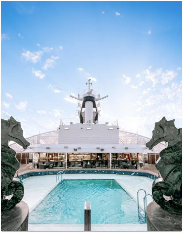 This is the private Yacht Club pool onboard MSC, featuring a spacious pool with easy-access stairs set against a vibrant blue sky with intriguing elements like a dinosaur figure, horses, and more, creating a unique and leisurely atmosphere.